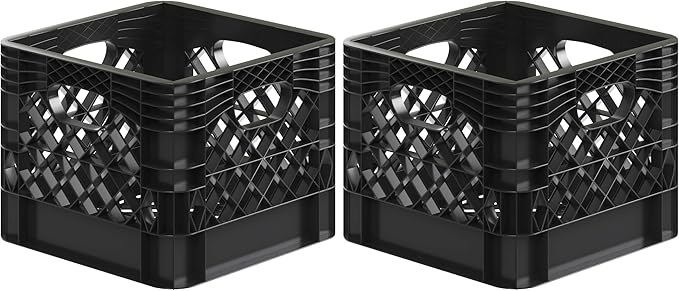 13 in. x 13 in. x 11 in. Heavy-Duty Black 16 Qt Milk Crate | 2 Pack | Stackable Storage Container with Handles