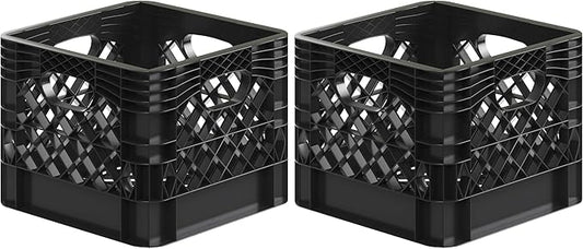 13 in. x 13 in. x 11 in. Heavy-Duty Black 16 Qt Milk Crate | 2 Pack | Stackable Storage Container with Handles
