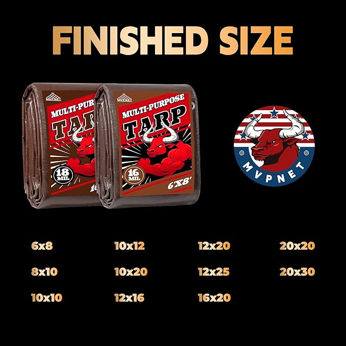 Tarp 12x20 ft Super Heavy Duty 16mil 100% Waterproof,Uv Resistant,High Durability Multipurpose Brown Tarp Suitable for Courtyards, Cars, Camping, Gardens, Pet Nests -by Mvpnet