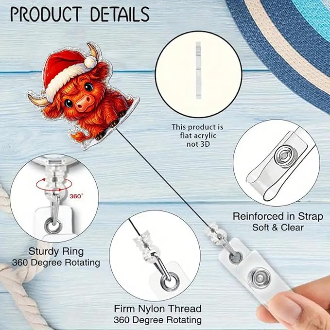 Christmas Cow Badge Reel Red New Year Retractable Cute Badge Clip with 24” Durable Nylon Cord Xmas Winter Badge Holder for Nurse Nursing Doctor Medical Worker Name Tag Accessories