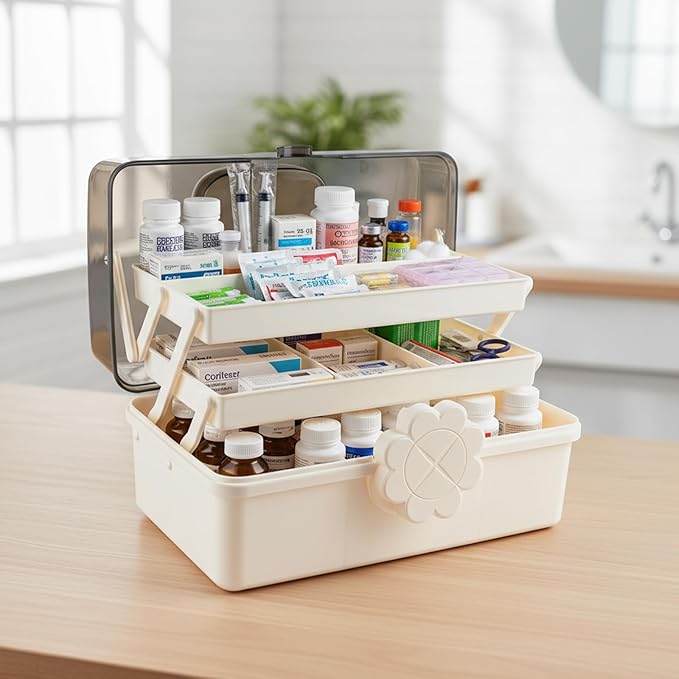 3-Tier Medicine Box,Portable Medicine Storage Box with Handle,Medicine Cabinet for Bottle Organizer,Plastic Large Capacity First Aid Box for Family,Office and Travel, 11.4" L × 7.6" W × 6.2" H