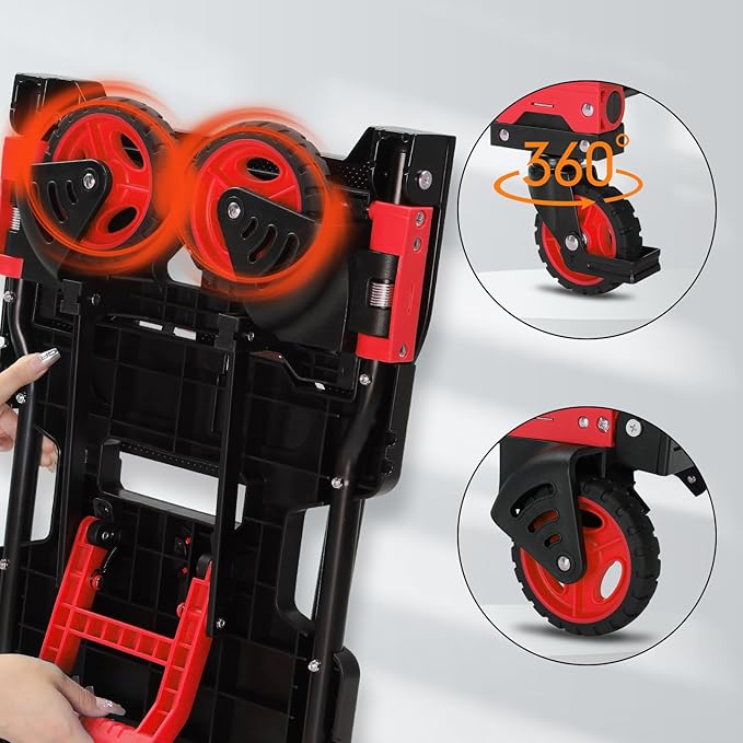 TUFFIOM Folding Hand Truck, Dolly Cart 330 lbs Capacity 2-in-1, Foldable Hand Truck with Retractable Handle and 4 Rubber Wheels, Hand Cart Dolly for Shoping, Office, Travel, Moving