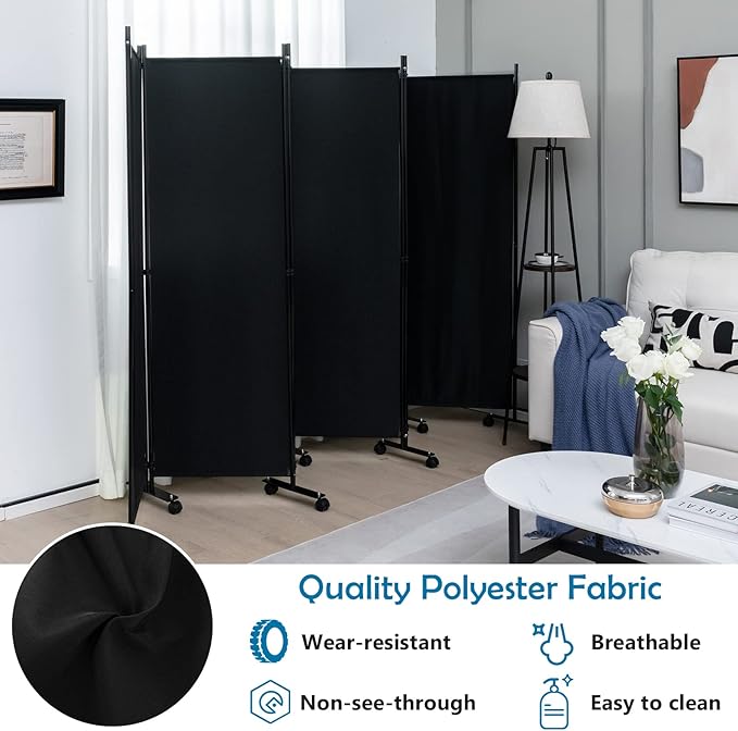 GOFLAME 6 Panel Folding Room Divider, 6FT Rolling Privacy Screen with Lockable Wheels, Portable Room Partition Screen, Freestanding Wall Divider and Separator for Home Office, Black