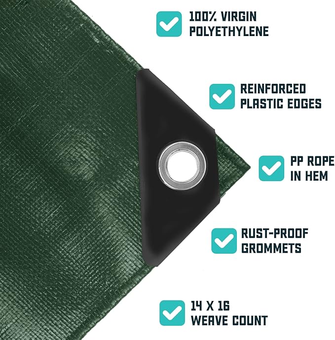 Core Tarps Extra Heavy Duty 16 Mil Tarp Cover, Waterproof, UV Resistant, Rip and Tear Proof, Poly Tarpaulin with Reinforced Edges for Roof, Camping, Patio, Pool, Boat (Green/Black 50′ X 50′)