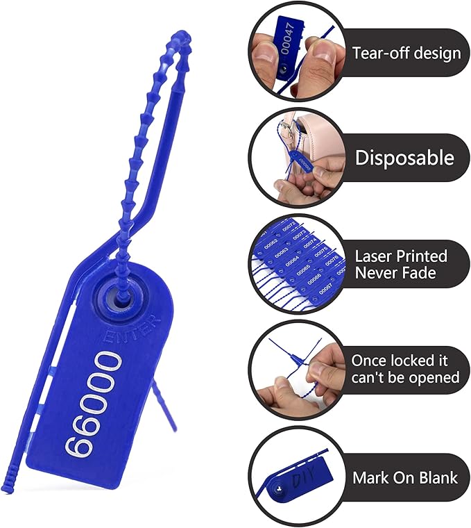 200 Plastic Security Seals Secure Anti-Tamper Fire Extinguisher Tags Numbered Zip Ties Inspection Tags Breakable Label Tags Pull Tite Safey Tags for First Aid Kits, Clothes,Bags (Blue)