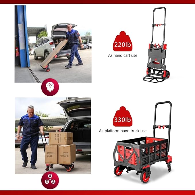 2 in 1 Hand Truck Dolly Foldable, 330LB Folding Hand Truck Heavy Duty Carrying, Folding Hand Cart with Retractable Handle Dolly Cart for Moving