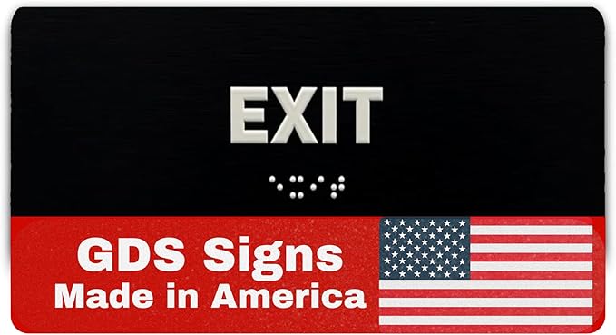 Exit Identification Sign - ADA Compliant Sign, Raised Icons, Raised Braille, Brushed Black, TCO Inspection Certified (7"W x 3"H) - by GDS - Made in USA