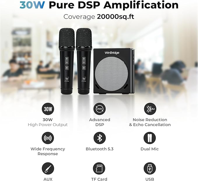 Portable Microphone & Bluetooth Microphone System with Speaker, WinBridge S90 30W Voice Amplifier PA System with 2 Wireless Handheld Mics for Teachers, Tour Guide, Clear Sound