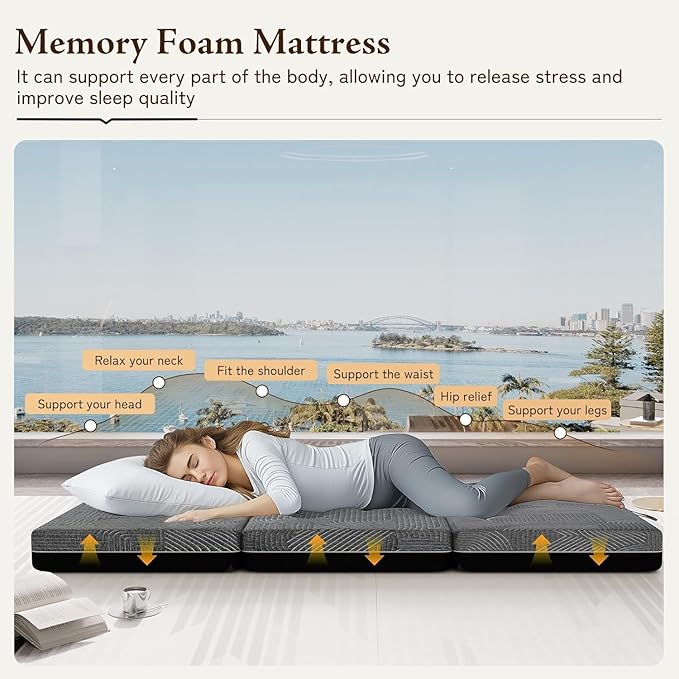 Tri Folding Mattress Twin Size - Memory Foam Tri-fold Mattress, Handle & Non-Slip Bottom, Portable Foldable Sofa Bed Floor Chair for Travel RV Camping Guest Yoga - 4 Inch, 75" 38"x4"