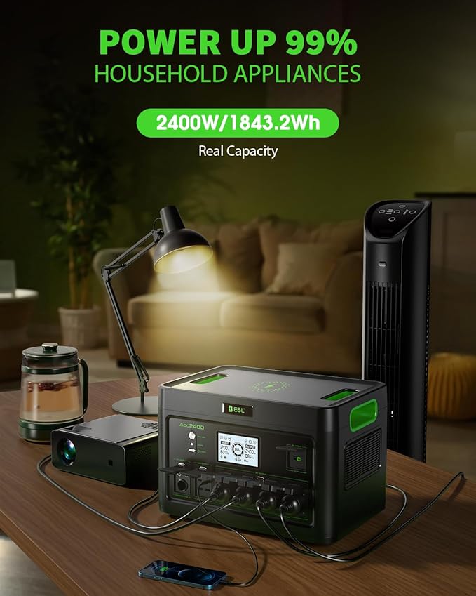 2400W Portable Power Station EBL, 1843Wh LiFePO4 Solar Generator with 4 AC Outlets, Fast AC Charging, 100W USB-C PD Output, 11 Ports for Home Backup, RV Camping & Emergency Power Outages (Peak 4800W)