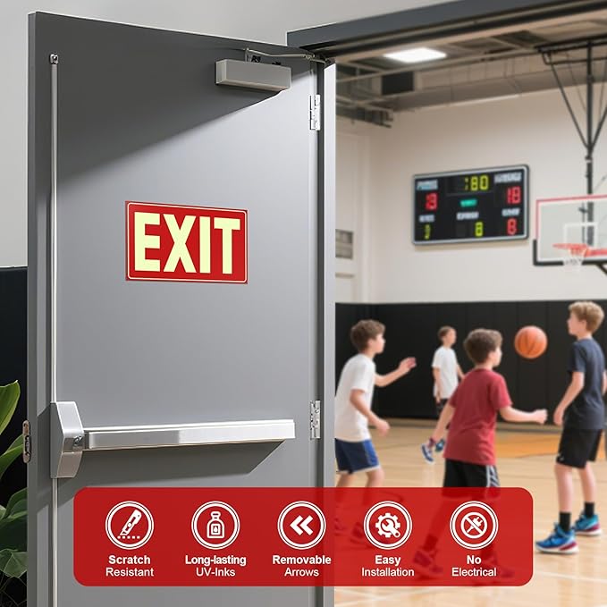 Glow in The Dark Photoluminescent Emergency Exit Signs Self-Adhesive Sticker, 12x7 Inches Illuminated Red Exit Sign for 50 Ft Visibility, UV Protected Tear & Scratch Resistant PVC (2 Pack)