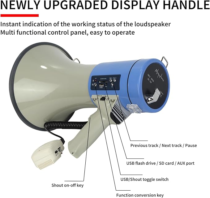 B S 50W Megaphone with Siren,Recording,SD Card,AUX Input for for Crowd Management,Emergencies