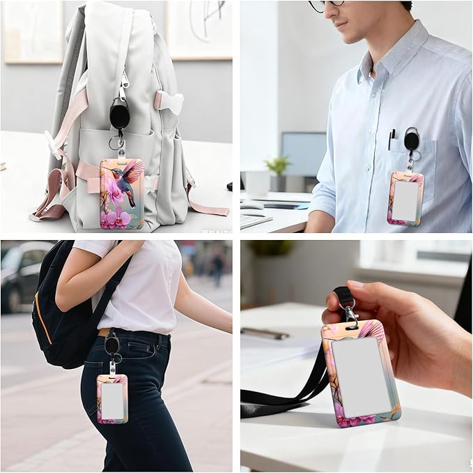 ID Badge Holder with Retractable Lanyard for Women & Men,Vertical ID Card Holder Wallet,Clear Window&Card Slot,Detachable Neck Strap for Nurse Teacher Office,Hummingbird & Orchid