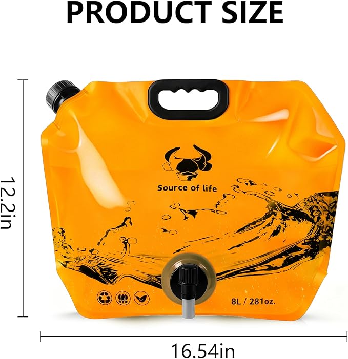 Collapsible 8L Water Storage Bag, BPA-Free Portable Folding Water Jug with Adjustable Faucet, Leakproof Emergency Water Bag for Camping, Hiking, Riding, Outdoor Sport (2, Orange)
