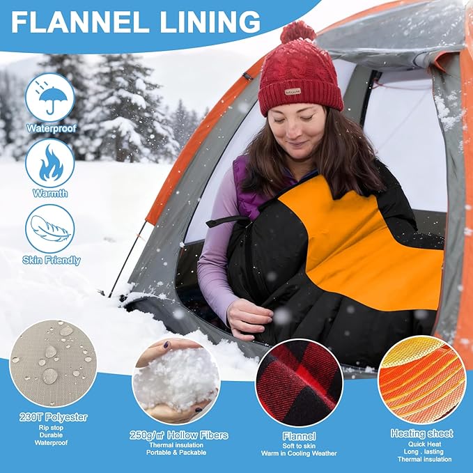 Heated Sleeping Bag for Adults, Electric Warm Bag with 3 Adjustable Heating Levels, USB Powered Heating Pads Adjustable Hood, 0 Degree Sleeping Bag Keep Warm for Cold Weather Camping Outdoor Hiking
