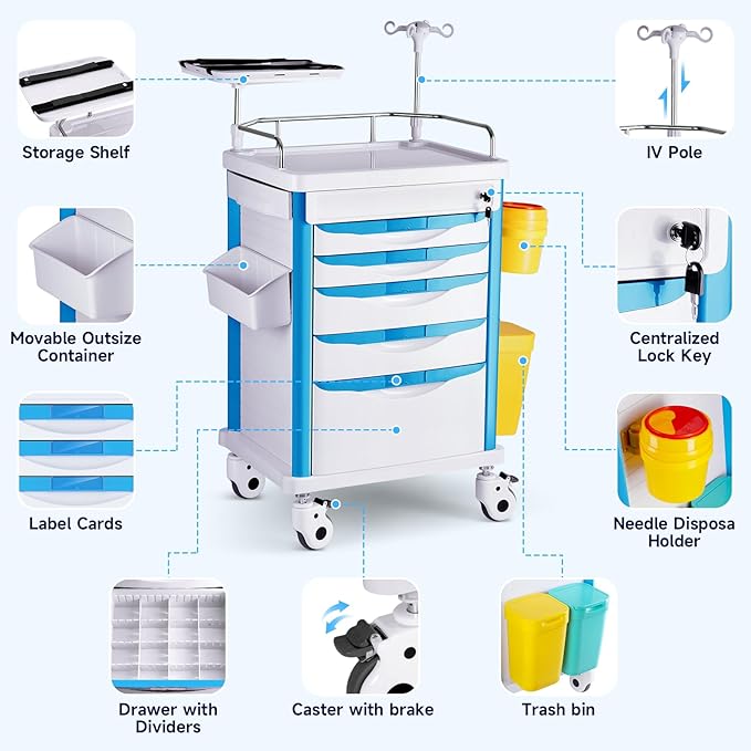 Medical Carts with Wheels, 5-Tier Storage, Adjustable IV Pole, Silent Casters, Trash Bins, O2 Holder, Needle Disposal Holder & CPR Board, Rolling Medical Cart for Hospital Salon Lab Clinic