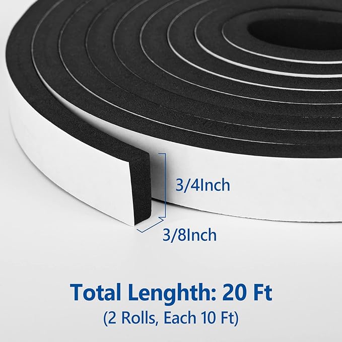 Kikerike Self Adhesive Foam Tape Weatherstrip 3/4In x 3/8In x 20Ft High Density Foam Insulation Strips Seal Weather Stripping with Strong Adhesive for Door and Window Sound Isolation Soundproofing