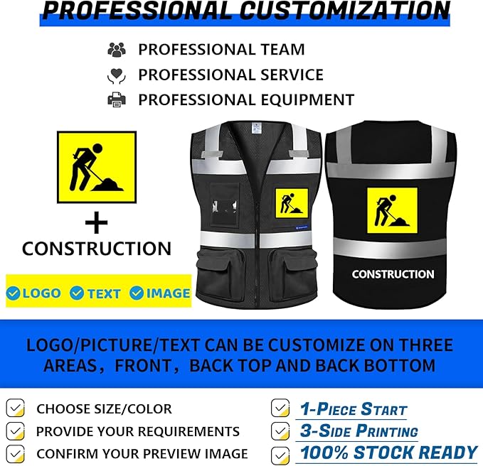 BeautyWill 10 Pack Custom Logo Safety Vest ANSI Class 2 High Visibility Reflective Vest Personalized Construction Vest Bulk