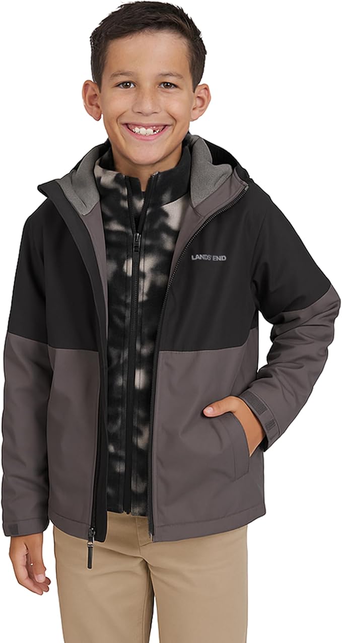 Lands' End Unisex Kids 3-in-1 Water Resistant Windbreaker and Zip-out Polar Fleece Jacket