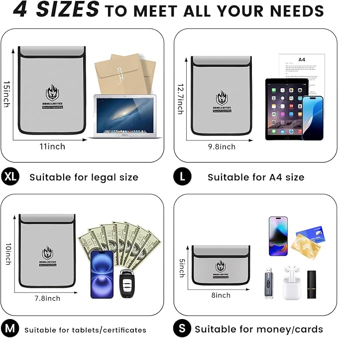 Andyer 4 Pack Fireproof Document Bags, Waterproof Document Pouch Holder with Zipper, Fire Proof Money Bag for Cash, Fireproof Envelope Fire Safe Bag, Fire Resistant Storage for Legal/A4 Size (Gray)