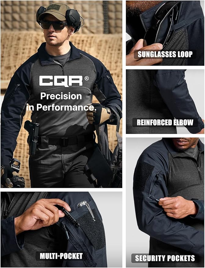 CQR Men's Combat Shirt Tactical 1/4 Zip Long Sleeve Military BDU Shirts Camo EDC Top with Pockets
