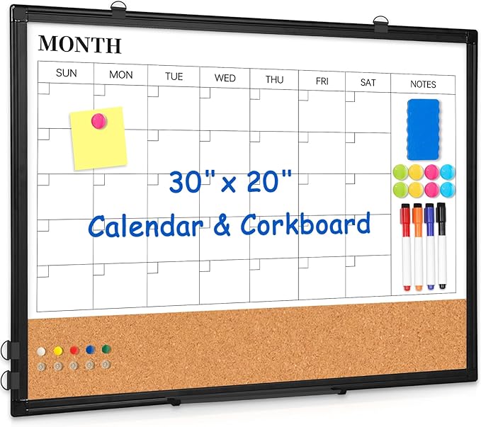 Monthly Calendar Whiteboard Dry Erase Cork Board Combo for Wall, 30" x 20" Double-Sided Calendar White Board and Bulletin Board with Black Aluminium Frame, Planning Board for Office, Home, School