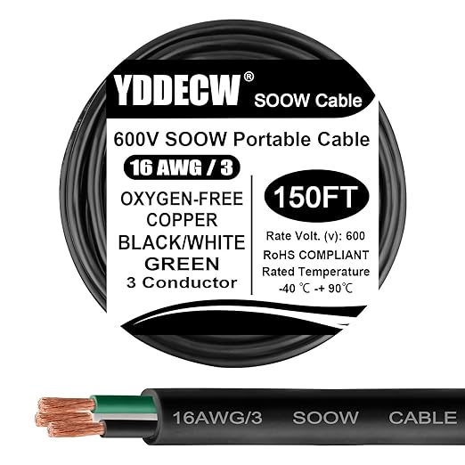 150ft 16/3 16 AWG Portable Power Cable (3 Conductor) - SOOW 600V 16 Gauge Electric Wire for Motor Leads, Portable Lights, Battery Chargers and Machinery - 3 Conductor - 150 Feet Electrical Cord