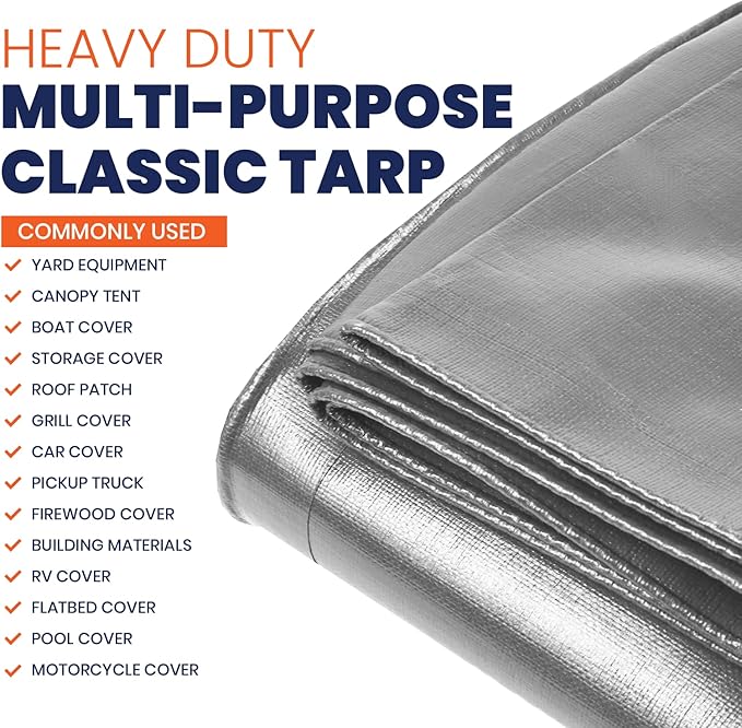 Tarpco Safety Heavy Duty 7 Mil Tarp Cover, Waterproof, UV Resistant, Rip and Tear Proof, Poly Tarpaulin with Reinforced Edges for Roof, Camping, Patio, Pool Cover, Boat (Silver/Black 12′ X 25′)