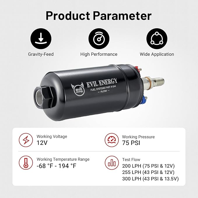 EVIL ENERGY External Inline Fuel Pump Electric 300LPH High Flow 12V with 60 mm Bracket Clamp Black