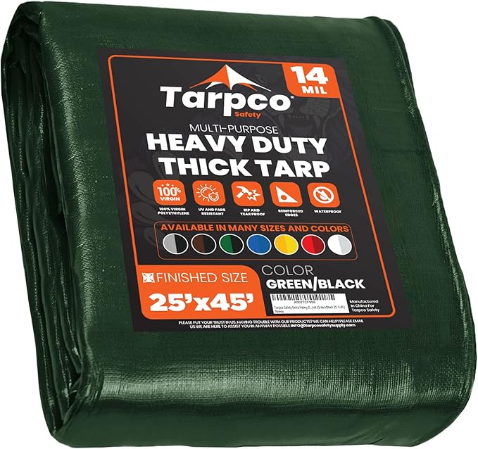 Tarpco Safety Extra Heavy Duty 14 Mil Tarp Cover, Waterproof, UV Resistant, Rip and Tear Proof, Poly Tarpaulin with Reinforced Edges for Roof, Camping, Patio, Pool, Boat (Green/Black 25′ X 45′)