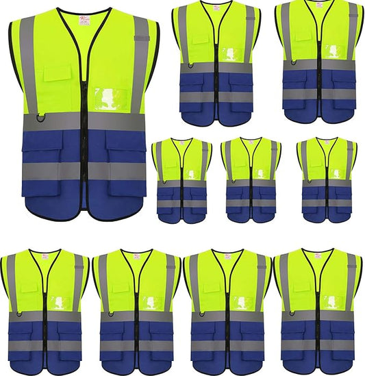 zojo High Visibility Safety Vests With Pockets,Pack of 10,Wholesale Reflective Vest for Outdoor Works, Cycling, Jogging, Walking,Sports - Fits for Men and Women(XL-Mix Yellow & Blue)