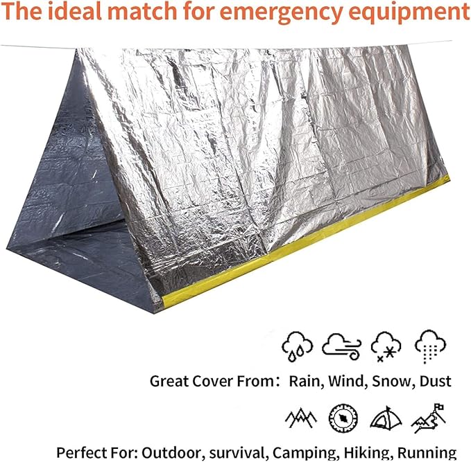 1 Piece Survival Shelter, Polyester Film Emergency Tent Survival Kit with String Bundle Pocket Whistle for Hiking, Car Camping（Silver）