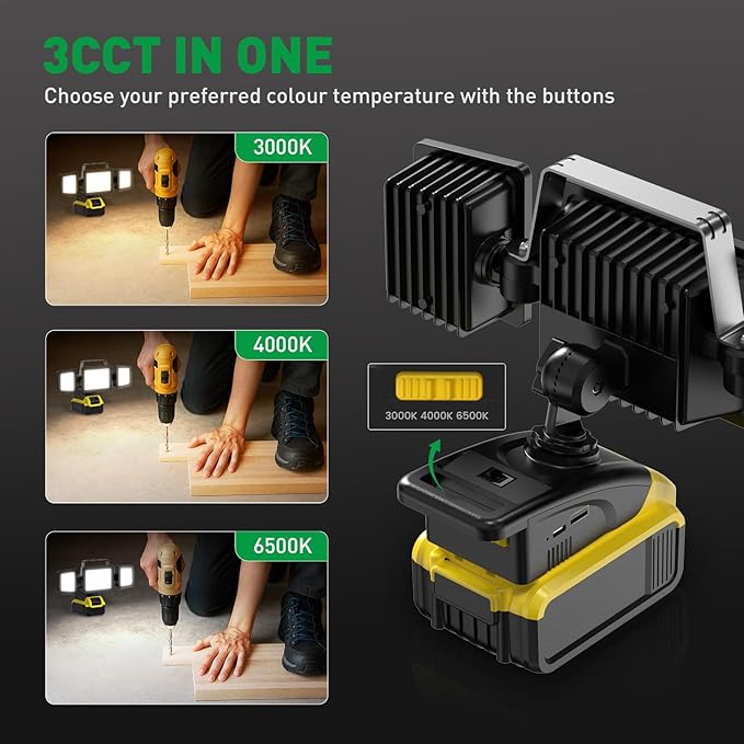ALUSSO® LED Work Light for Dewalt Battery 18W/27W/36W Adjustable, 3000K/4000K/6500K Worklight with USB&Type C Charging Port, Portable 3 Heads Rotation Outdoor Lamp for Job Site, Fishing, Construction