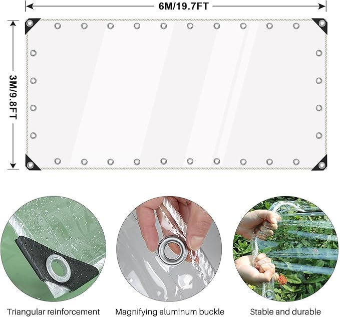 Clear Tarps Heavy Duty Waterproof, Transparent PVC Vinyl Tarpaulin with Grommets, Ropes, Reinforced Edge, Tear-Resistant, Anti-UV for Greenhouse, Patio, Garden, Porch, Pavilion, Outdoor