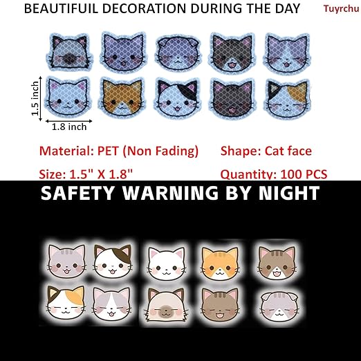 Reflective Stickers 100 Pcs, Outdoor Waterproof High Visibility Warning Safety Adhesive Reflector (1.5" X 1.8", Cat face)