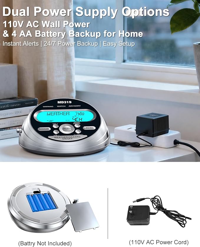 MD319 NOAA Weather Alert Radio with S.A.M.E Localized Programming, 23 County Codes & 80+ Emergency Alerts, Battery Backup, Alarm Clock, External Antenna and Warning Light for Home & Emergency