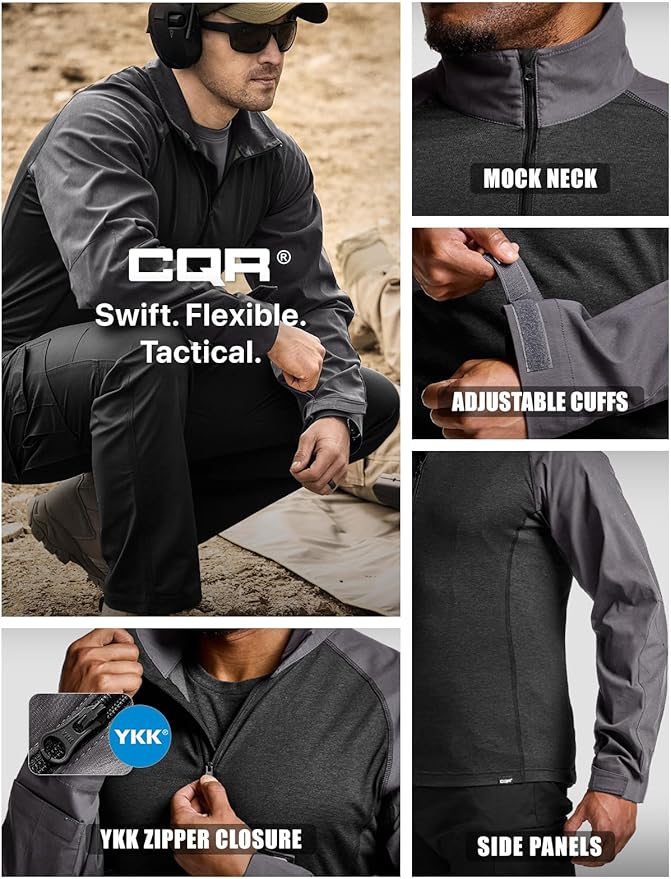 CQR Men's Combat Shirt Tactical 1/4 Zip Long Sleeve Military BDU Shirts Camo EDC Top with Pockets