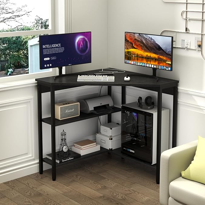 Auromie Corner Desk with Outlets & USB Ports, 90 Degree Triangle Corner Table with CPU Stand & Storage Shelves for Small Space, Computer Table with Charging Station for Home Office Bedroom (Black)