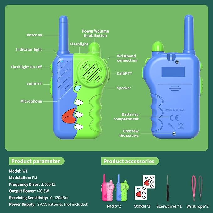 Pink Kids Walkie Talkies 2 Pack for Girls - 1000 Feet Long Range with Clear Sound, Anti-Loss Lanyard, Adjustable Volume Knob & Flashlight, Durable Birthday Gifts for 3-8 Year Old (3 AAA Batteries)