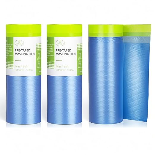 Pre-Taped Masking Film for Painting - 44" x 66' Painters Plastic Sheeting with Automotive Paint Tape and Drape for Covering Cars, Walls, Windows and Furniture Protection (3 Rolls)