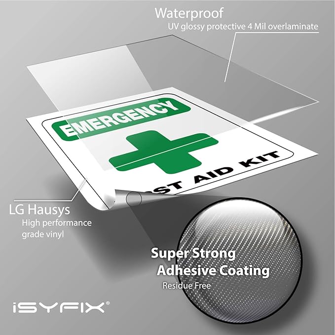 iSYFIX Emergency First Aid Kit Signs Stickers for Home, Schools & Business - 4 Pack 6x7 Inch - Premium Self-Adhesive Vinyl, Laminated UV, Weather, Scratch, Water and Fade Resistance, Indoor & Outdoor