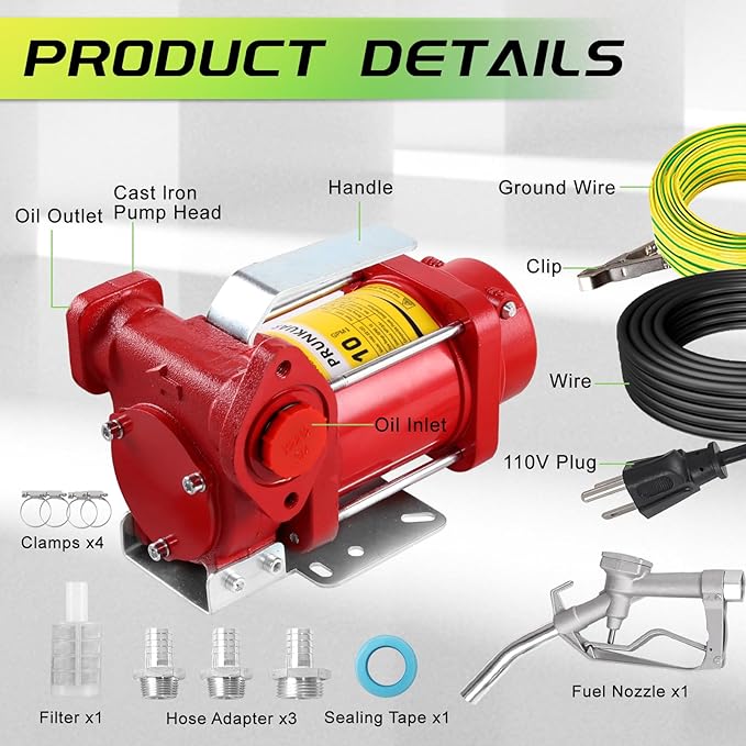 110V Automatic Gasoline Fuel Transfer Pump w/Manual Nozzle, 10 GPM Heavy-duty Portable Self-priming Fuel Oil Transfer Pump for Gasoline, Diesel, Kerosene, Biodiesel and More