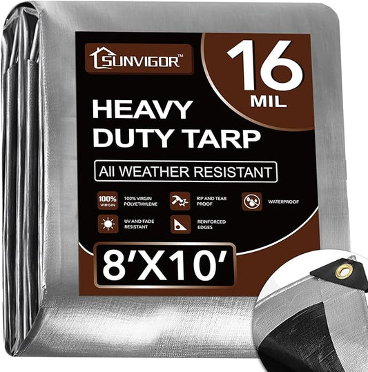 Tarp 8x10FT, Extra Thick 16Mil Heavy Duty Waterproof Tarps with Brass Grommets and Reinforced Edges, Tear & Fade Resistant, 100% UV Blocking Outdoor Tarp for Roof Camping Patio Pool Boat (Silver)