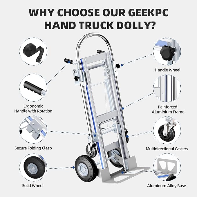 Hand Trucks Heavy Duty Aluminum Dolly Cart, 3 in 1 Design 1000 Lbs Capacity with Solid Wheels - Foldable, Portable, Ergonomic Handle, Perfect for Construction, Warehouses, Factories, Indoor & Outdoor