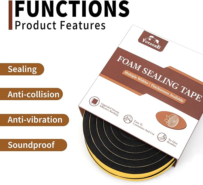 Yotache Foam Weather Stripping Tape 2 Rolls 3/4" W X 3/8" T (New Adhesive Craft), Neoprene Foam Rubber Seal for Door Frame Insulation, Sounproofing, 13 Ft Length (2 X 6.5 Ft Each)