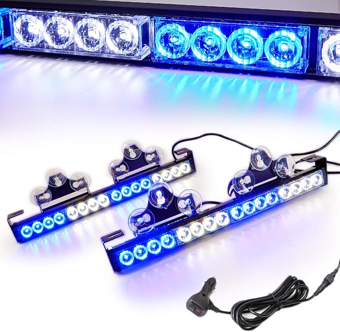 LE-JX Blue/White 2 in 1 Emergency Strobe Light Bar 21 Flash Patterns Traffic Advisor Warning Hazard Windshield Safety Lights Bar with Cigar Lighter for Police Vehicles, Truck (2×16.8 inch, 32 Led)