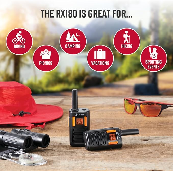 Cobra RX180 Walkie Talkies (2-Pack) – Lightweight, Easy-to-Use Compact Two Way Radios Long Range, 22 Preset Channels, NOAA Weather Alerts, VOX Feature, LED Flashlight (Orange/Black)