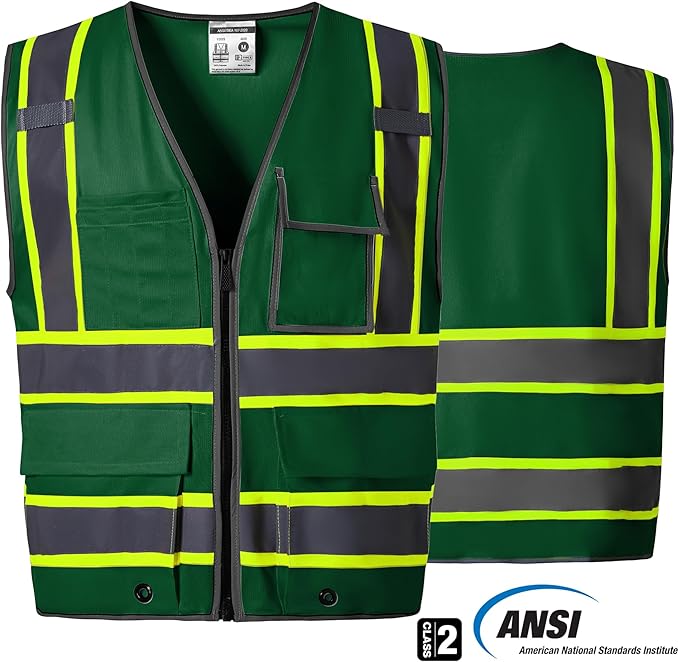 SKSAFETY 10 Pockets Safety Vest, Class 2 High Visibility Security with Zipper, Hi Vis Vest with Reflective Strips, ANSI/ISEA Standard, Construction Work Vest for Men ＆ Women （Green,4XL）