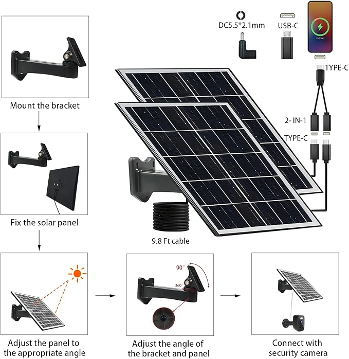 8W 5V Solar Panels for Security Cameras Type-C Micro USB DC Port Portable Charger Set 5 Volt 8 Watt High Efficiency Solar Panel for Cellphone Fan Power Bank 2 Pack Black