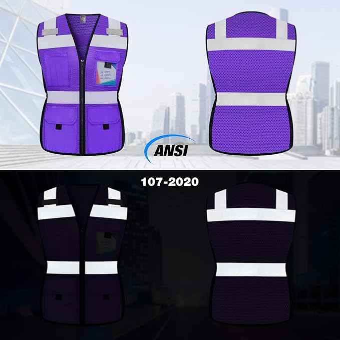 TCCFCCT Women High Visibility Vest 11 Pockets Snug-Fit Reflective Safety Vest with Reinforced Zipper, Neon Construction Work Vest for Lady Contractors/Surveyors/Workers, Durable,Meets ANSI, Purple L